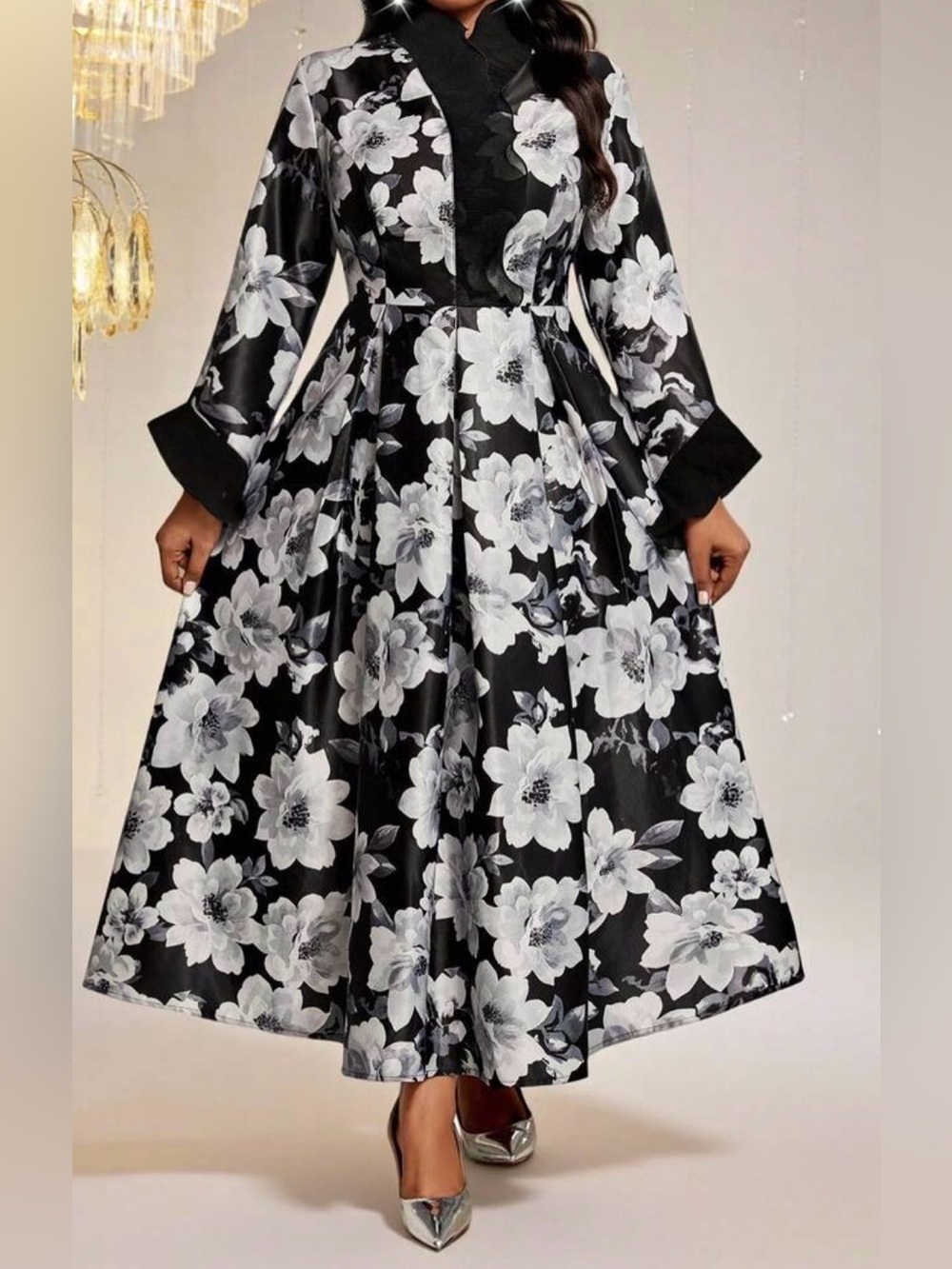 Elegant Black & White Floral Maxi Dress